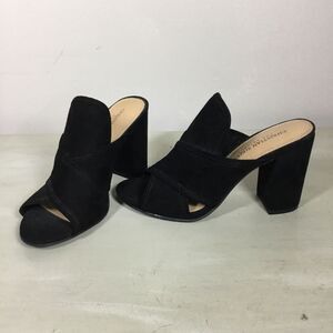 NEW Christian Siriano black suede open toe shoe 3 3/4” chunky heel size 6